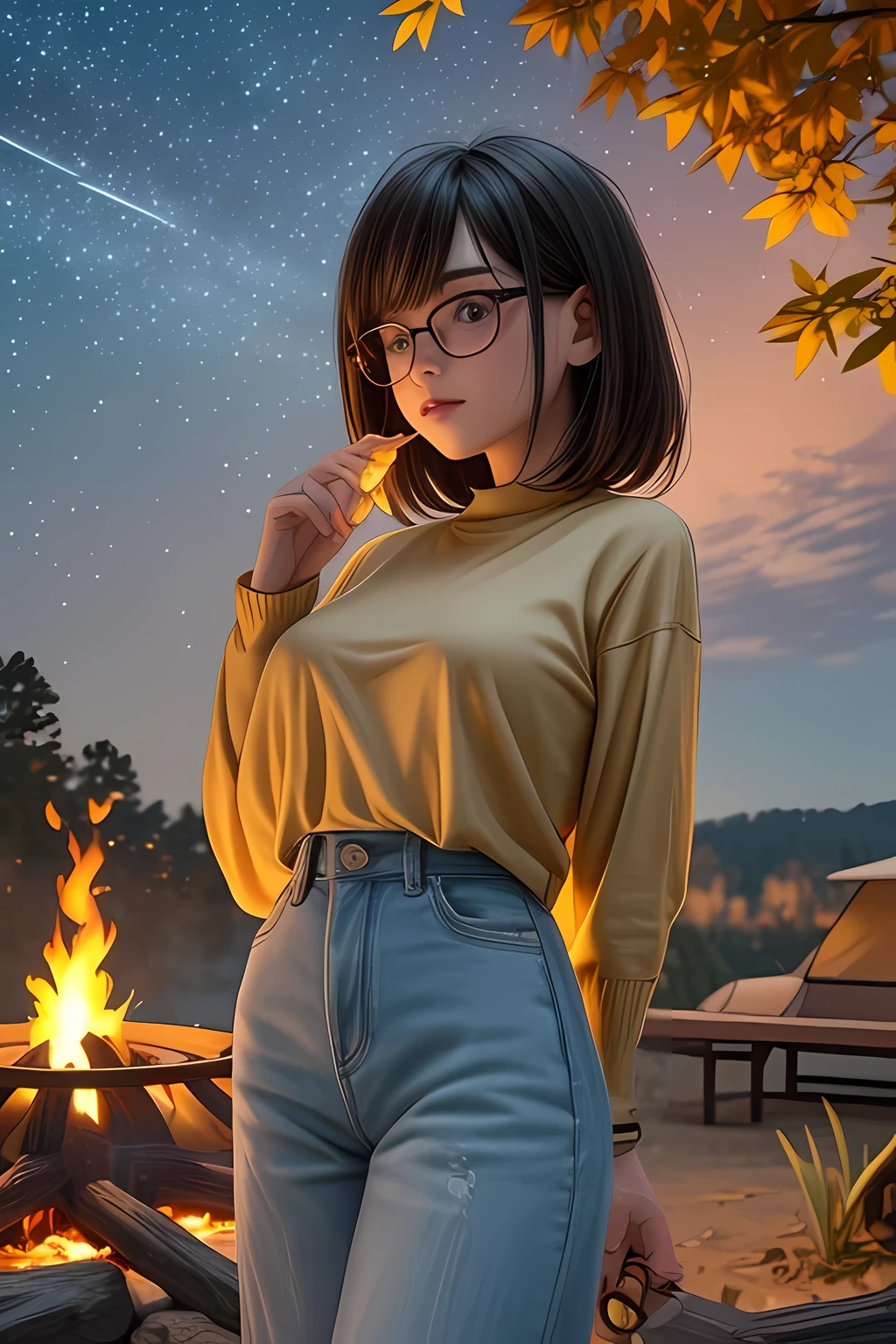 Solo, female, standing near, campfire, (smoky wind), flannel shirt, jeans, scruffy beard, carbonated glasses, marshmallow in hand, night sky above, orange and yellow leaves surrounding, autumn scene, camping gear nearby, crackling sound of the fire, peaceful, by Bebebebebe, by Spikes, By Darkgem, by Mystic Fox 61, by Chunie, deep focus, warm light from the fire illuminating the face, detailed shadows, clear night sky, stars twinkling, crisp autumn air, nostalgic atmosphere, (explicit content, adult, nsfw), high contrast, cinematic, denim middle skirt