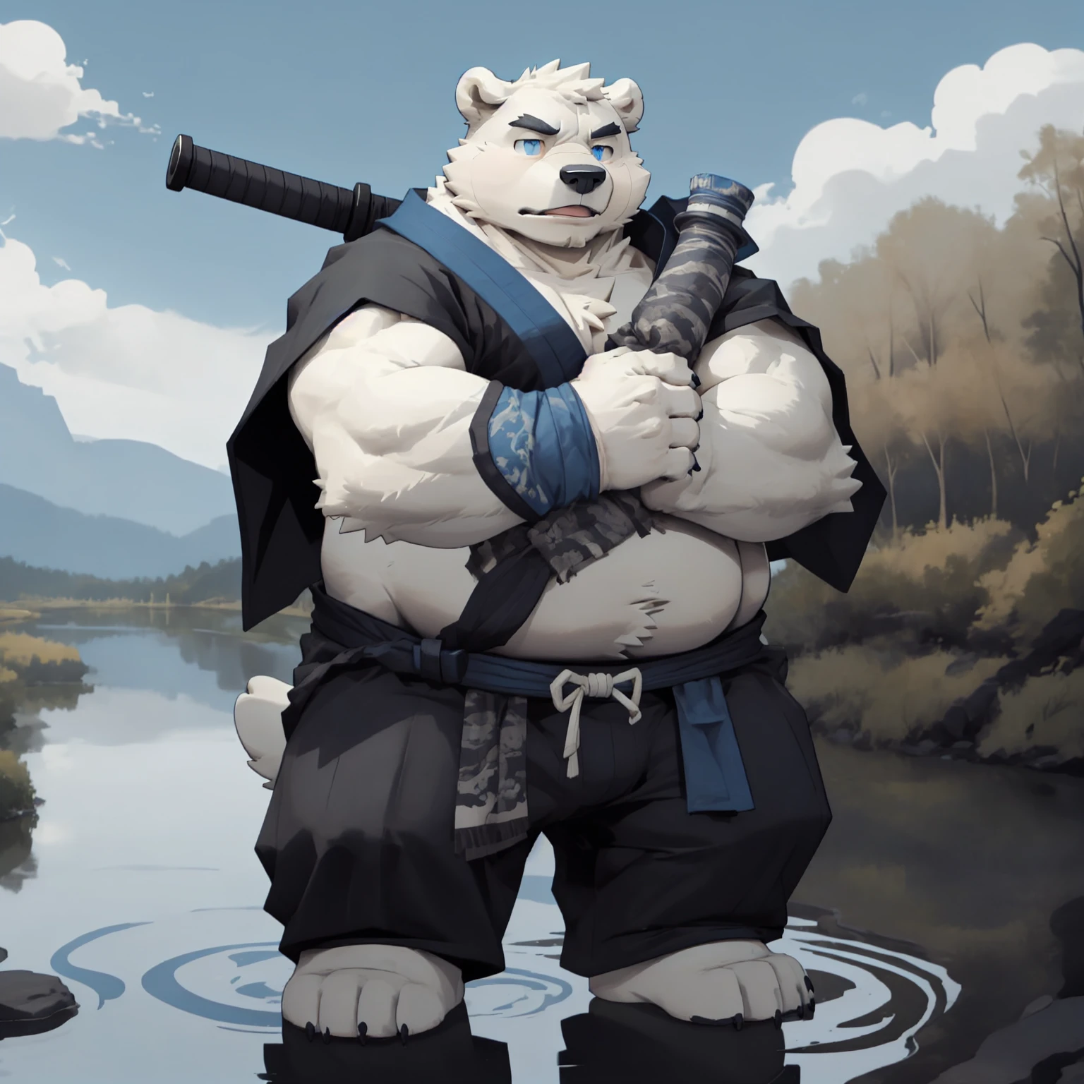 New Jersey 5 Furry,polar bear，Full body portrait of an individual,Exquisite， Chubby，Fat，Thick arms，Rugged muscles，White plush fur，Chubby脸，Black eyebrows，sky blue eyes，Black beard，riverside，river，Ninja clothing，Ninja pants，Clogs，Carrying a katana，Cross your arms