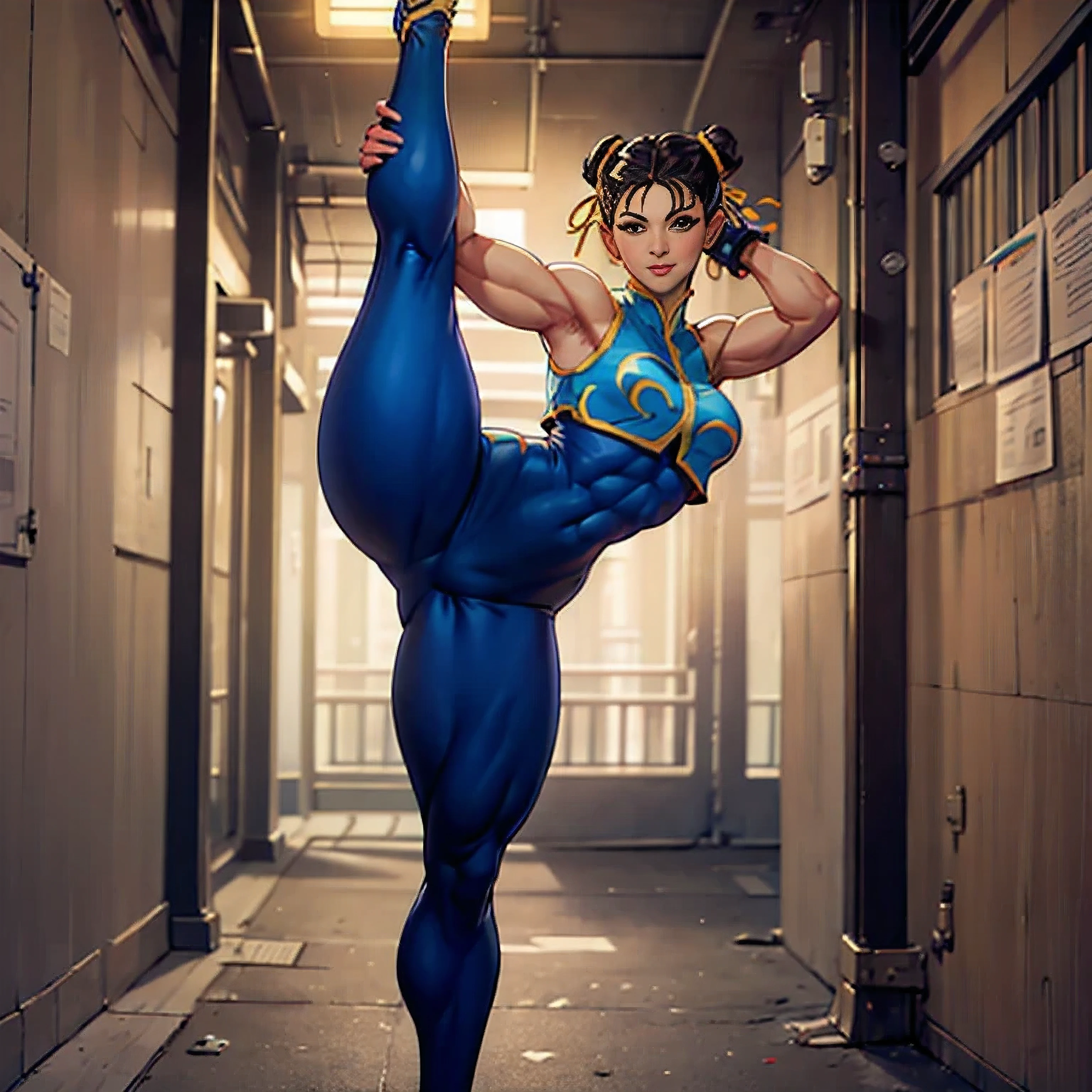 (masterpiece, best quality:1.4), (standing on one leg:1.2), (standing split:1.3), 1girl, solo, sfa chun, blue vest, unitard, blue pants, skintight, yellow ribbon, short hair, sneakers, bare shoulders, looking at viewer, beautifull smile, beautiful face, highly detailed face, highly detailed eyes, subsurface scattering, realistic pupils, full face blush, full lips, detailed background, depth of field, volumetric lighting, sharp focus, absurdres, realistic proportions, 16k hdr, fullbody, hand holding one leg up, street fighter, musclar, abs, flexible, dojo, toned, musclar legs, detailed legs, detailed body, ultra high quality