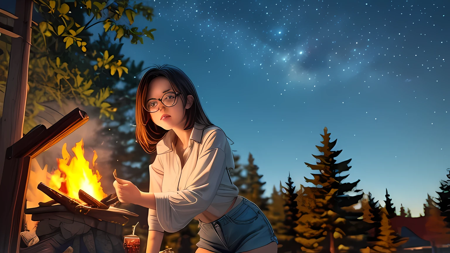 Solo, female, standing near, campfire, (smoky wind), flannel shirt, jeans, scruffy beard, carbonated glasses, marshmallow in hand, night sky above, orange and yellow leaves surrounding, autumn scene, camping gear nearby, crackling sound of the fire, peaceful, by Bebebebebe, by Spikes, By Darkgem, by Mystic Fox 61, by Chunie, deep focus, warm light from the fire illuminating the face, detailed shadows, clear night sky, stars twinkling, crisp autumn air, nostalgic atmosphere, (explicit content, adult, nsfw), high contrast, cinematic, denim skirt