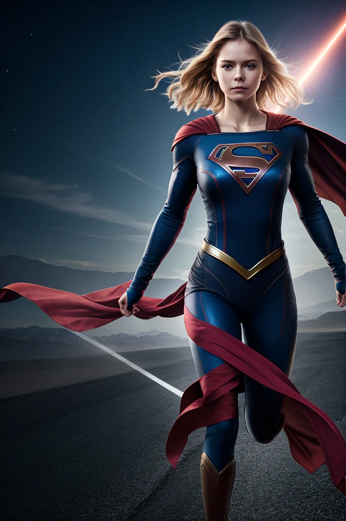 une supergirl au corps entier volant , tenue futuriste, photo avec Sony Alpha A9 II et Sony Fe 200-600 mm/5.6-6.Objectif 3G OSS, natural light, photographie hyper réaliste, Ultra detailed, ville futuriste