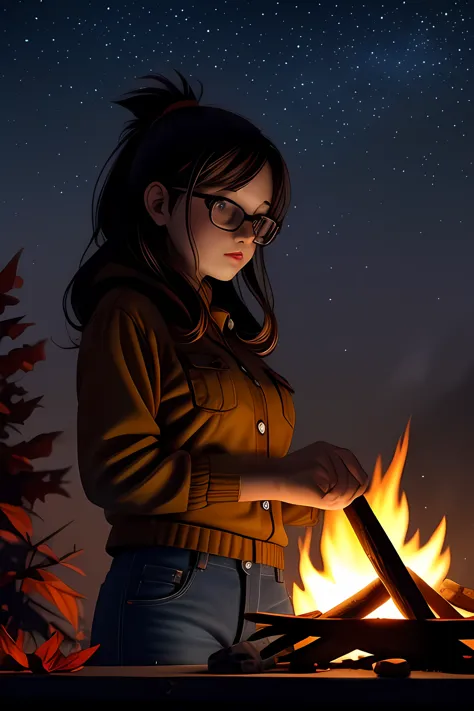 Solo, female, standing near, campfire, (smoky wind), flannel shirt, jeans, scruffy beard, carbonated glasses, marshmallow in han...