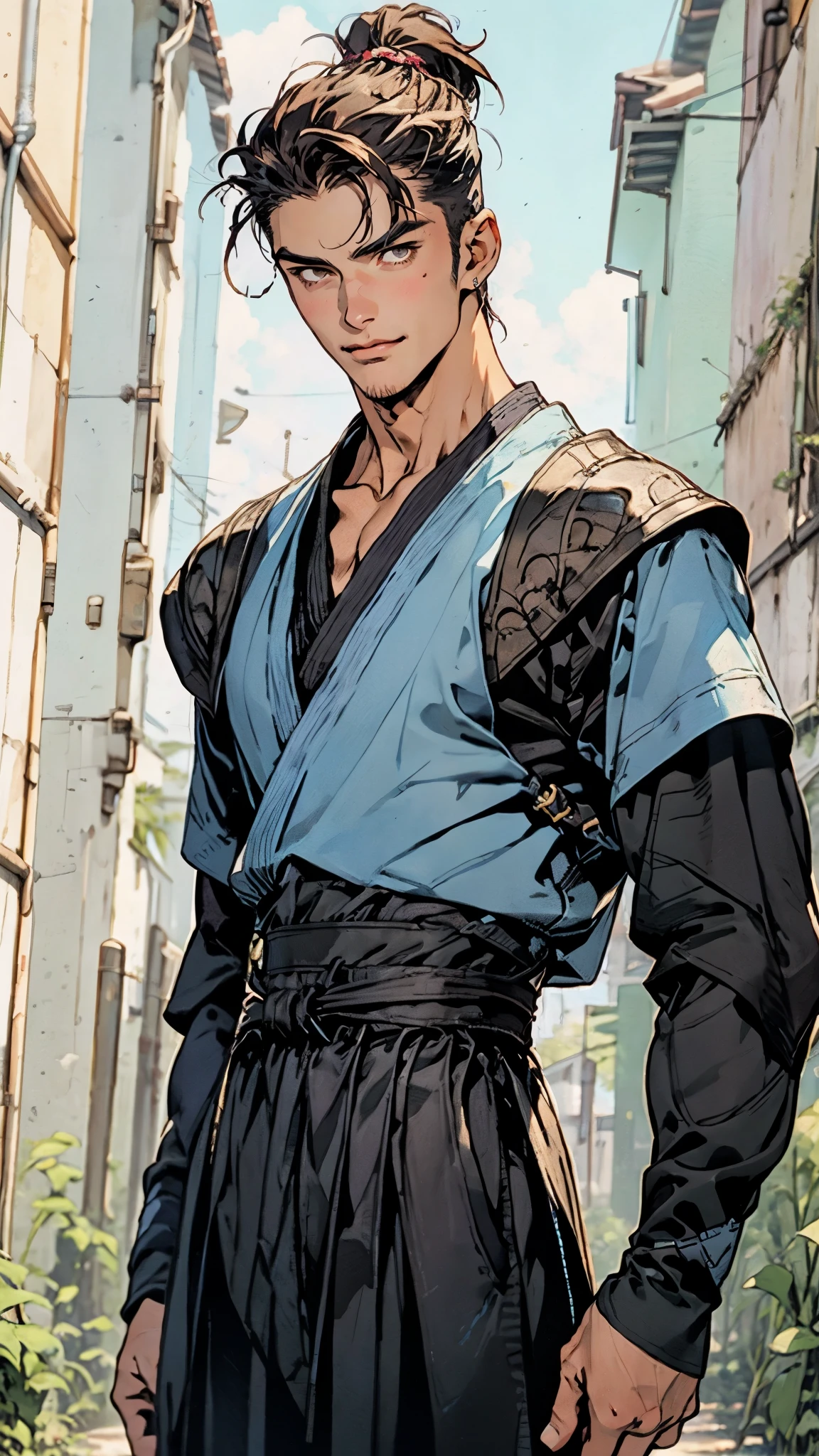 A man with short brown hair slicked back, topknot hairstyle, small center-parted fringe, deep eyes, straight eyebrows, long face, playful smile, a azure blue fantasy-style cloth vest jacket over a long-sleeved white undershirt, a black waistband, coarse cloth trousers the backdrop of a fantasy-style border outpost, this character embodies a finely crafted fantasy martial arts-style outpost worker in anime style, exquisite and mature manga art style, high definition, best quality, highres, ultra-detailed, ultra-fine painting, extremely delicate, professional, perfect body proportions, golden ratio, anatomically correct, symmetrical face, extremely detailed eyes and face, high quality eyes, creativity, RAW photo, UHD, 32k, Natural light, cinematic lighting, masterpiece-anatomy-perfect, masterpiece:1.5