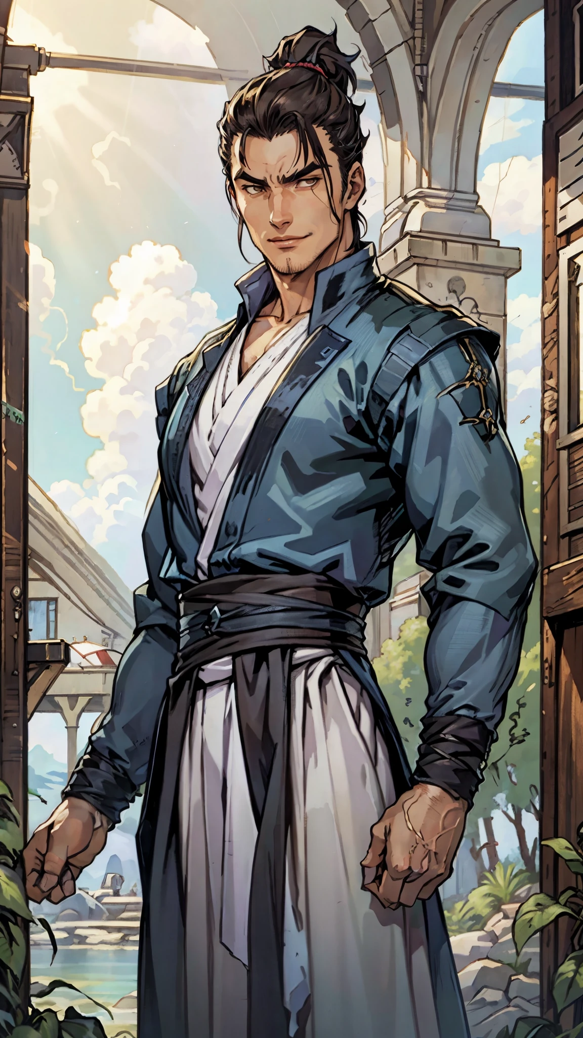 A man with short brown hair slicked back, topknot hairstyle, small center-parted fringe, deep eyes, straight eyebrows, long face, playful smile, a azure blue fantasy-style cloth vest jacket over a long-sleeved white undershirt, a black waistband, coarse cloth trousers the backdrop of a fantasy-style border outpost, this character embodies a finely crafted fantasy martial arts-style outpost worker in anime style, exquisite and mature manga art style, high definition, best quality, highres, ultra-detailed, ultra-fine painting, extremely delicate, professional, perfect body proportions, golden ratio, anatomically correct, symmetrical face, extremely detailed eyes and face, high quality eyes, creativity, RAW photo, UHD, 32k, Natural light, cinematic lighting, masterpiece-anatomy-perfect, masterpiece:1.5