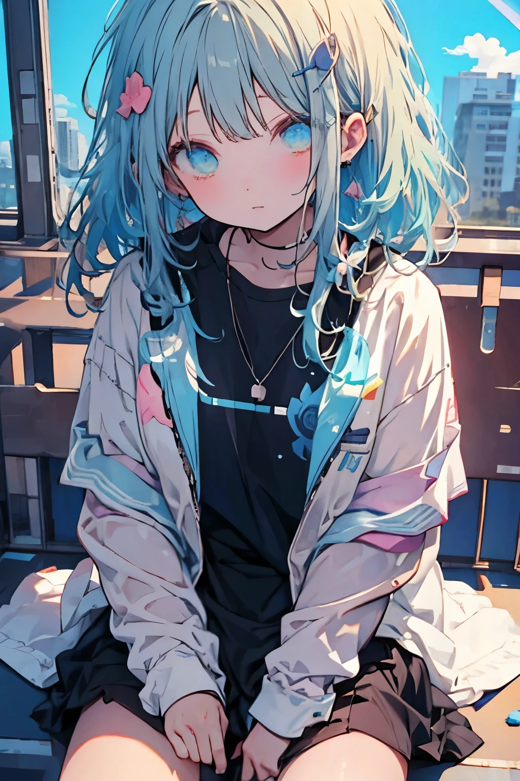 Anime girl with blue hair sitting on a bench in a city - SeaArt AI