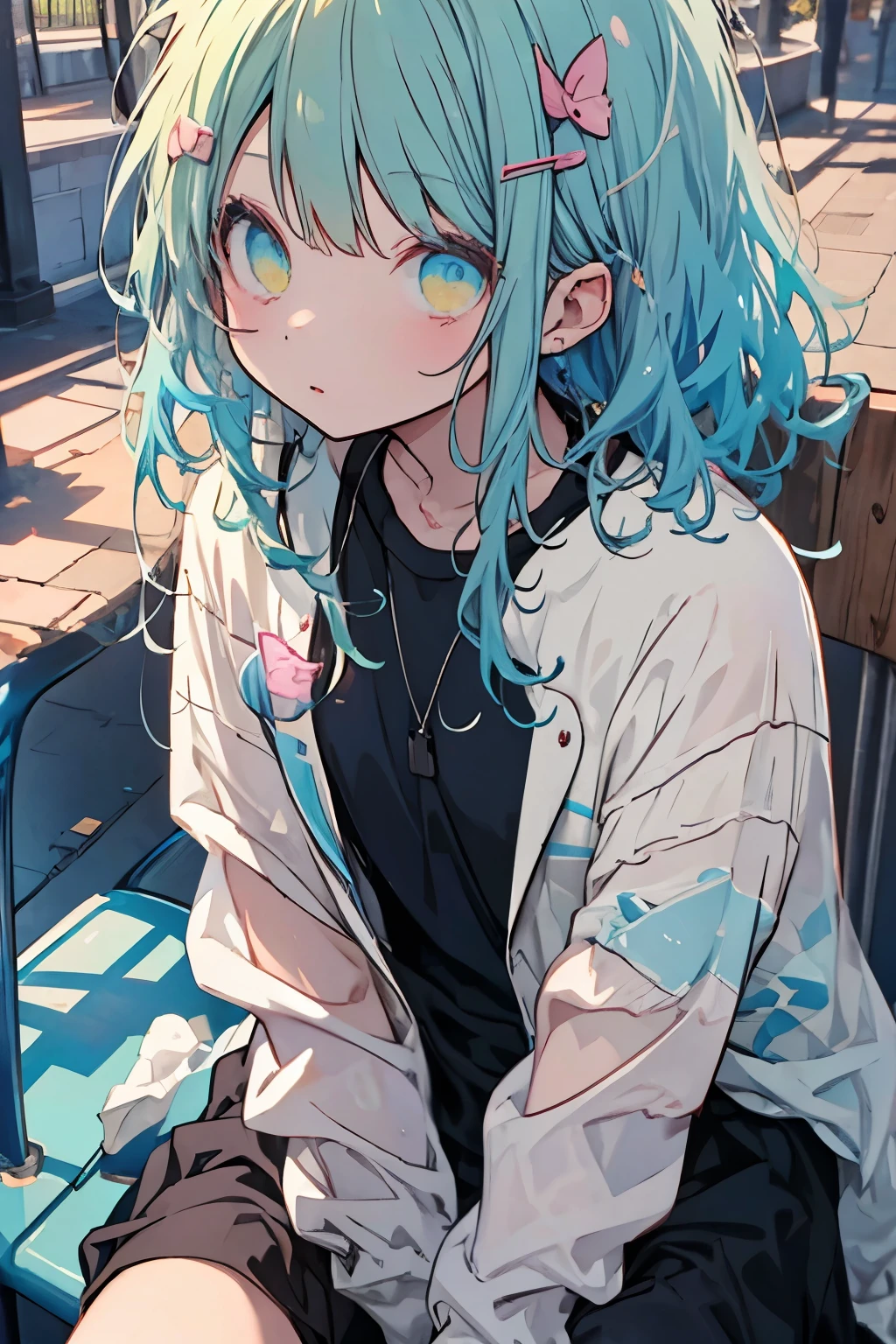 Anime girl with blue hair sitting on a bench in a city - SeaArt AI