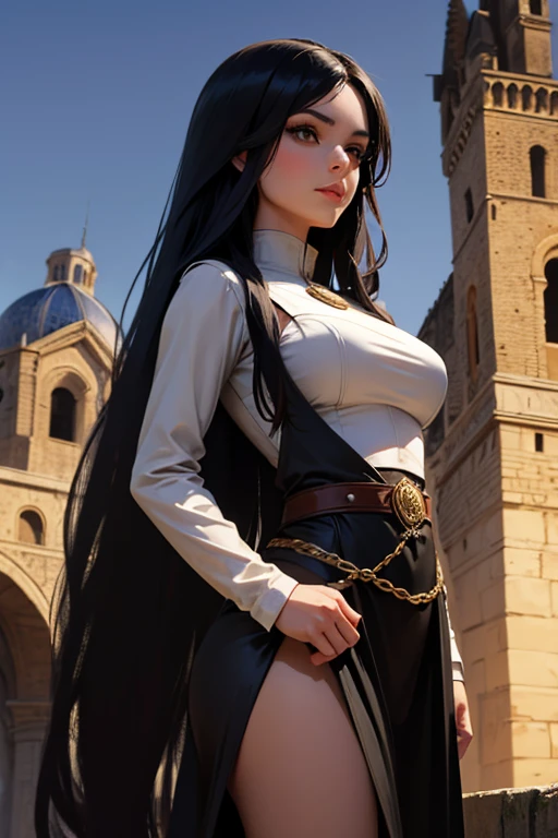 Ladrona de fantasía Chica italiana 2, pelo negro muy largo, vestido como un ladrón de fantasía medieval