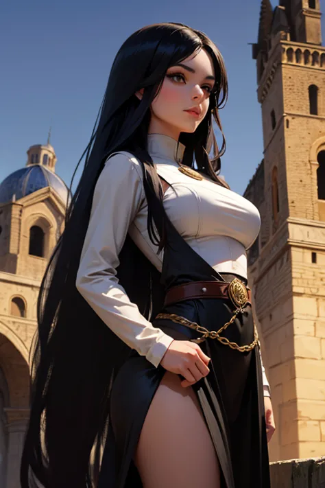 Fantasy Thief Italian girl 25 years old, very long black hair, dressed as a medieval fantasy thief