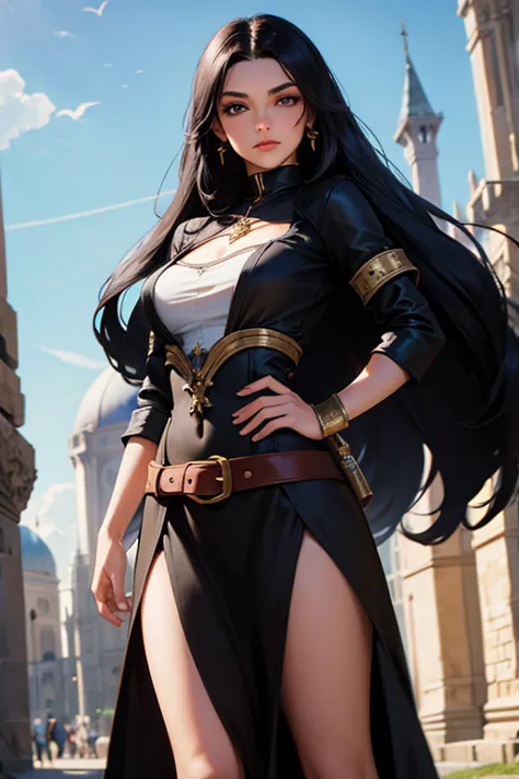 Fantasy Thief Italian girl 25 years old, very long black hair, dressed as a medieval fantasy thief