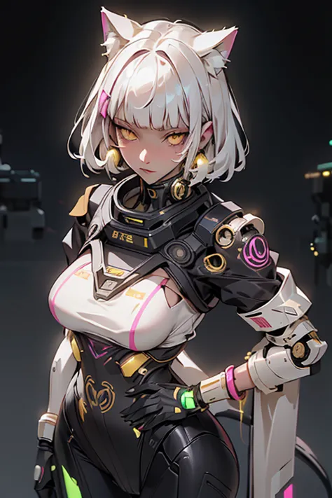 pretty, woman, sexy face, yellow eyes, white hair, slim body, sexy pose, pink tights, mecha, neon sign, led night city, seen fro...