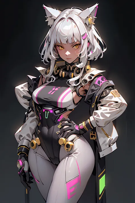 pretty, woman, sexy face, yellow eyes, white hair, slim body, sexy pose, pink tights, mecha, neon sign, led night city, seen fro...