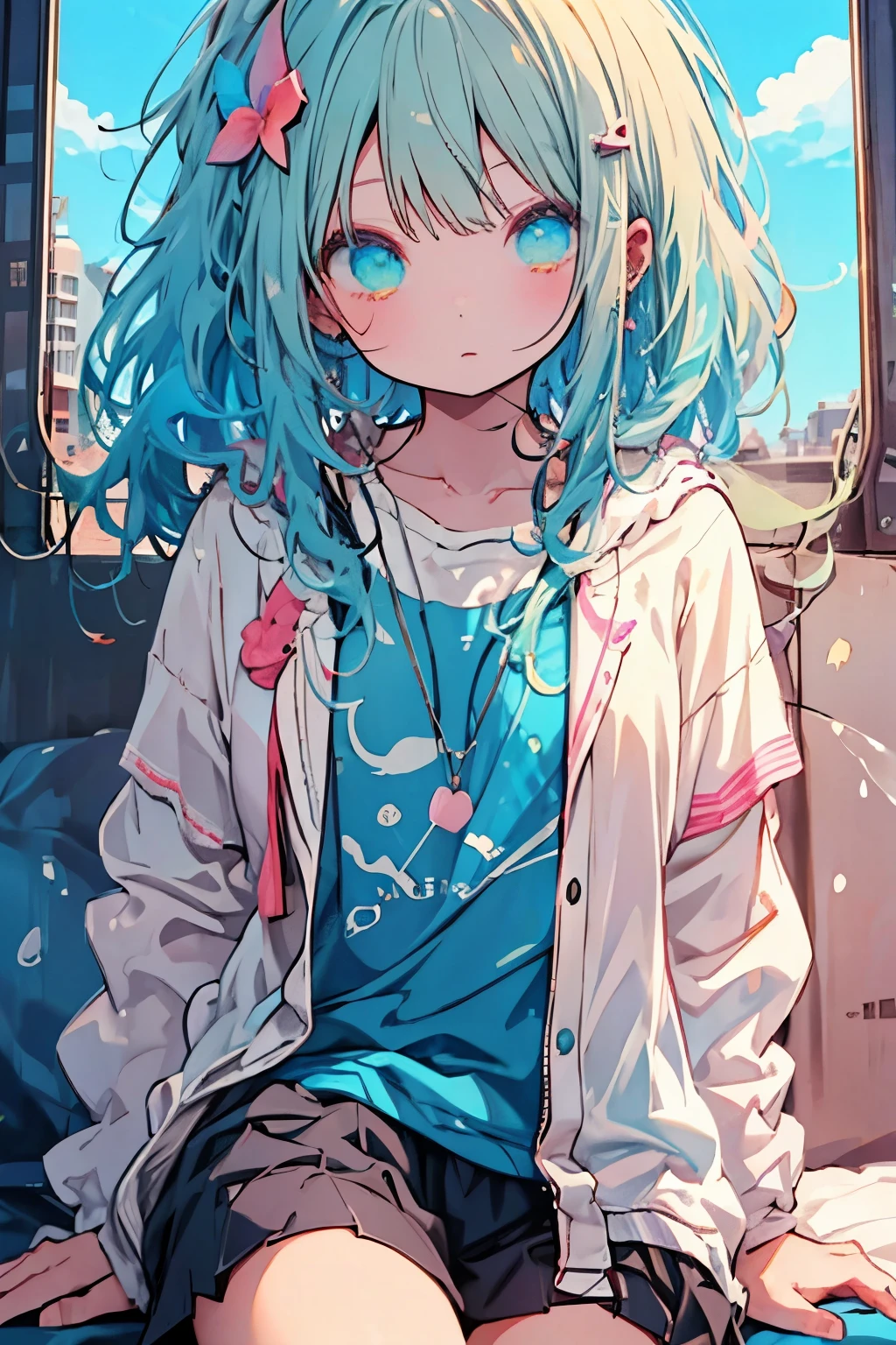 Anime girl with blue hair sitting on a bus looking out the window - SeaArt  AI