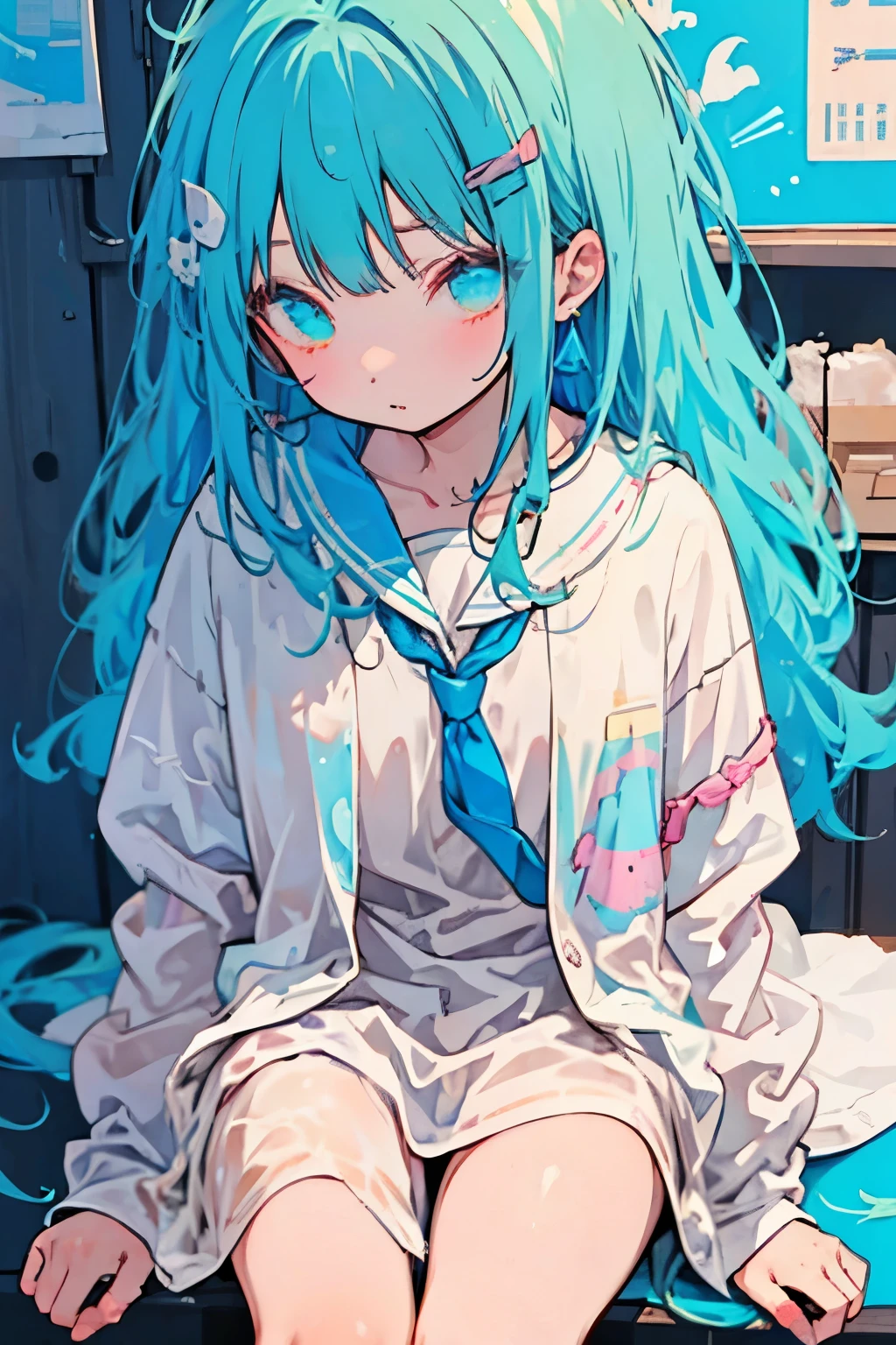 Anime girl with blue hair sitting on a bed in a room - SeaArt AI