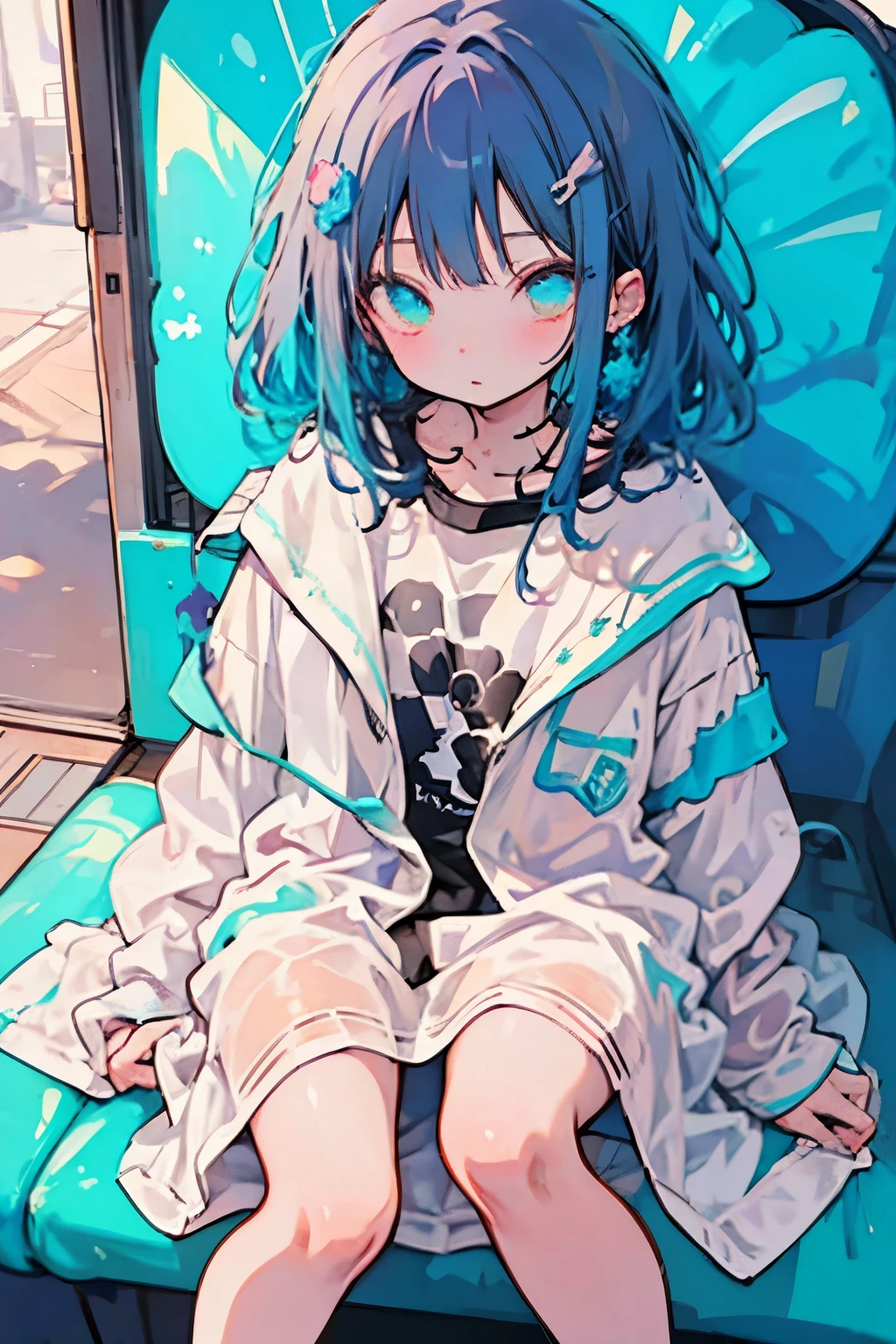 Anime girl sitting on a blue chair with her legs crossed - SeaArt AI