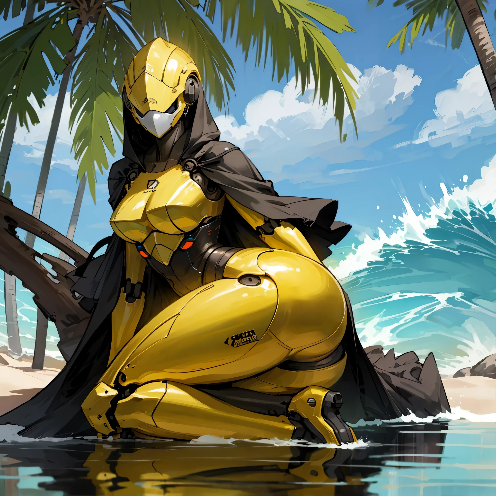 (best quality,highres),robot girl at the beach, large metal hips, wearing a hood with a cape, perched on a rock, near a palm tree, exposed mechanical thighs, butt, cool robotic mask, cyclops, shiny metallic surface, vibrant colors, warm sunlight, sparkling ocean waves, sandy beach, tropical atmosphere, strong and confident pose, futuristic technology, realistic details, intricate designs, beautiful reflection, serene environment