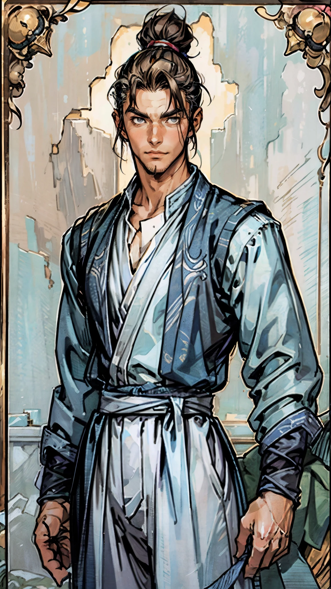 A man with short brown hair slicked back, topknot hairstyle, small center-parted fringe, deep eyes, straight eyebrows, long face, playful smile, a azure blue fantasy-style cloth vest jacket over a long-sleeved white undershirt, a black waistband, coarse cloth trousers the backdrop of a fantasy-style border outpost, this character embodies a finely crafted fantasy martial arts-style outpost worker in anime style, exquisite and mature manga art style, high definition, best quality, highres, ultra-detailed, ultra-fine painting, extremely delicate, professional, perfect body proportions, golden ratio, anatomically correct, symmetrical face, extremely detailed eyes and face, high quality eyes, creativity, RAW photo, UHD, 32k, Natural light, cinematic lighting, masterpiece-anatomy-perfect, masterpiece:1.5