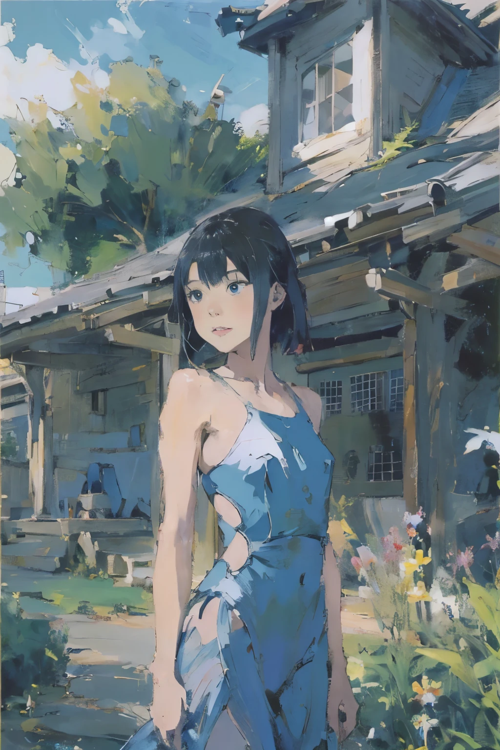 家の前に立っている青いドレスを着たアニメの女の子, きれいで詳細なアニメアート, アニメペインタースタジオで作成, 庭で, [ 4K デジタルアート ]!!, グウェイズ, アニメ画家のスタジオで描いた, 美しいアニメアートワーク, Makoto Shinkai. 細部までこだわった, グウェイズ on artstation pixiv, 詳細なデジタルアニメアート、レオタード水着