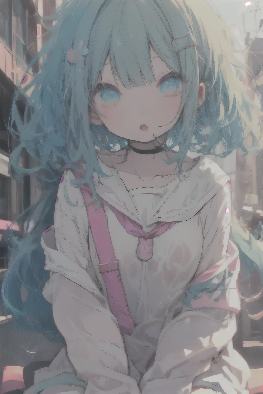 Anime girl with blue hair sitting on a bench in a city - SeaArt AI