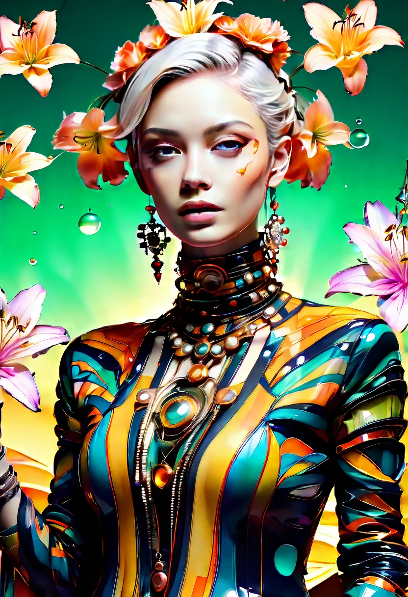 ((1 girl - solo, full length, waist-length, loose - relaxed pose, standing)), ((masterpiece, best quality: 1.3), (ultra detail: 1.3), (best quality, high resolution, photo-realistic: 1.37)). ((Orange, pink, white, and green details), (girl, in flower-T tattoos, starry sky-white hair), (dark hair, shoulder-length, long hair), (elegant body, dark stylish T-shirt, tech clothes: 1.1), (beautiful hands in jewelry bracelets, tattoos, (Rockstar)). ((Calm look, relaxed pose, standing)). ((Abstract background with lines and circles), (Technical background - abstraction), (high-tech), (many flowers - lilies), (flowers look amazing), mostly in light colors: (white, blue, yellow, gold)).((Best quality), (surrealism: 1.3), (masterpiece: 1.2), (fantasy: 1.2, surrealism: 1.3), ((High resolution, sharp image), (best quality: 1.37), (realistic 3D visualization), (adjustments, soft light-shadow, flooded sunlight, contrast shadows – cold tones, warm soft light)). (Technical background - abstraction), (modern style, HD detail, cinematic, surrealism, Deep focus, ray tracing, Diffusion)).