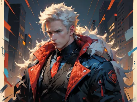 male, white hair combed back, blue eyes, blue leather jacket with red lining, black shirt, red tie, black vest. A detailed eye. ...