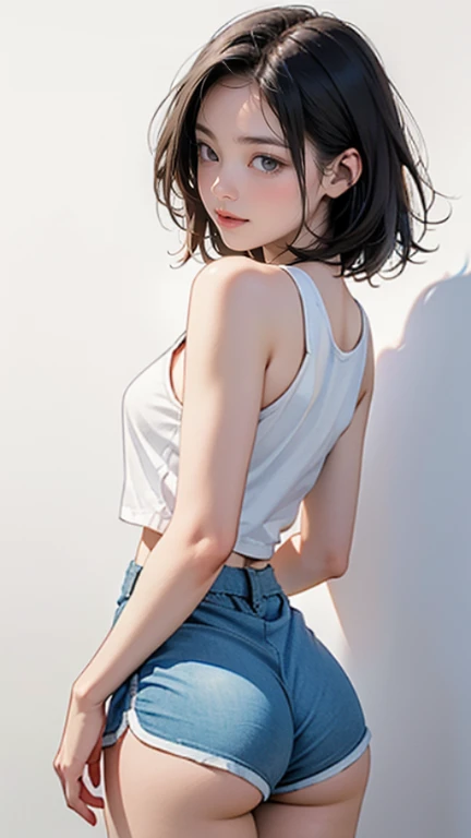 8k, RAW Photos, highest quality, masterpiece, Realistic, Photorealistic, (1 Ultimate beauty), middle aged, Highly detailed face, (Perfect Teeth), Detailed eyes, double eyelid, eyelash, Grin, Lip details, brunette bob, Big Breasts, (White tank top), ((Dolphin Shorts)), Cowboy Shot, Koen-dori in Tokyo, Soft Light, ((Written boundary depth)) 

Proceed with caution，((Japan 13-year-old girl)), (((slim, Narrow waist, Thin thighs, Thin arms))), (((Rear View, Realistic buttocks, Small Ass, retrospective diagram)))