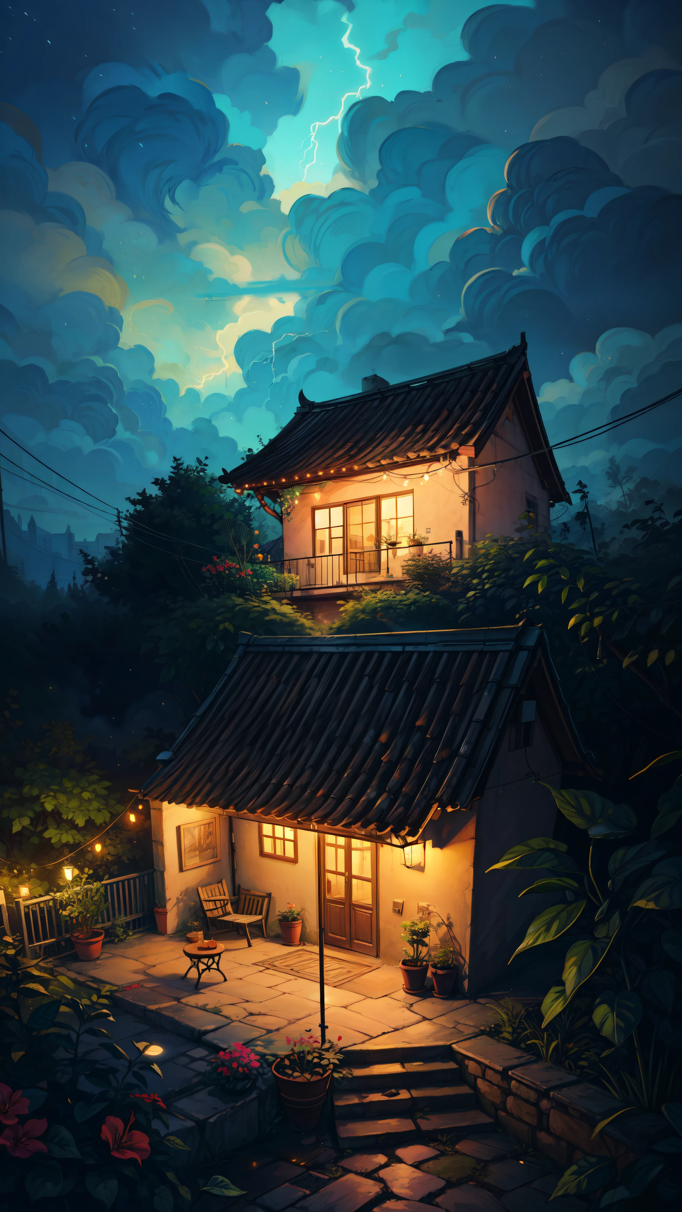 16mm aerial view, a beautiful cottage covered with string lights, bougainvillea flowers, stairs, night light, lit plant pots, night sky, glow lightning clouds, aesthetics, beautiful tones, string lights, scenery, beautiful ambience, 8k, bright volumetric light, peaceful scene, light shining on part of foliage, micro landscape, intrinsic details