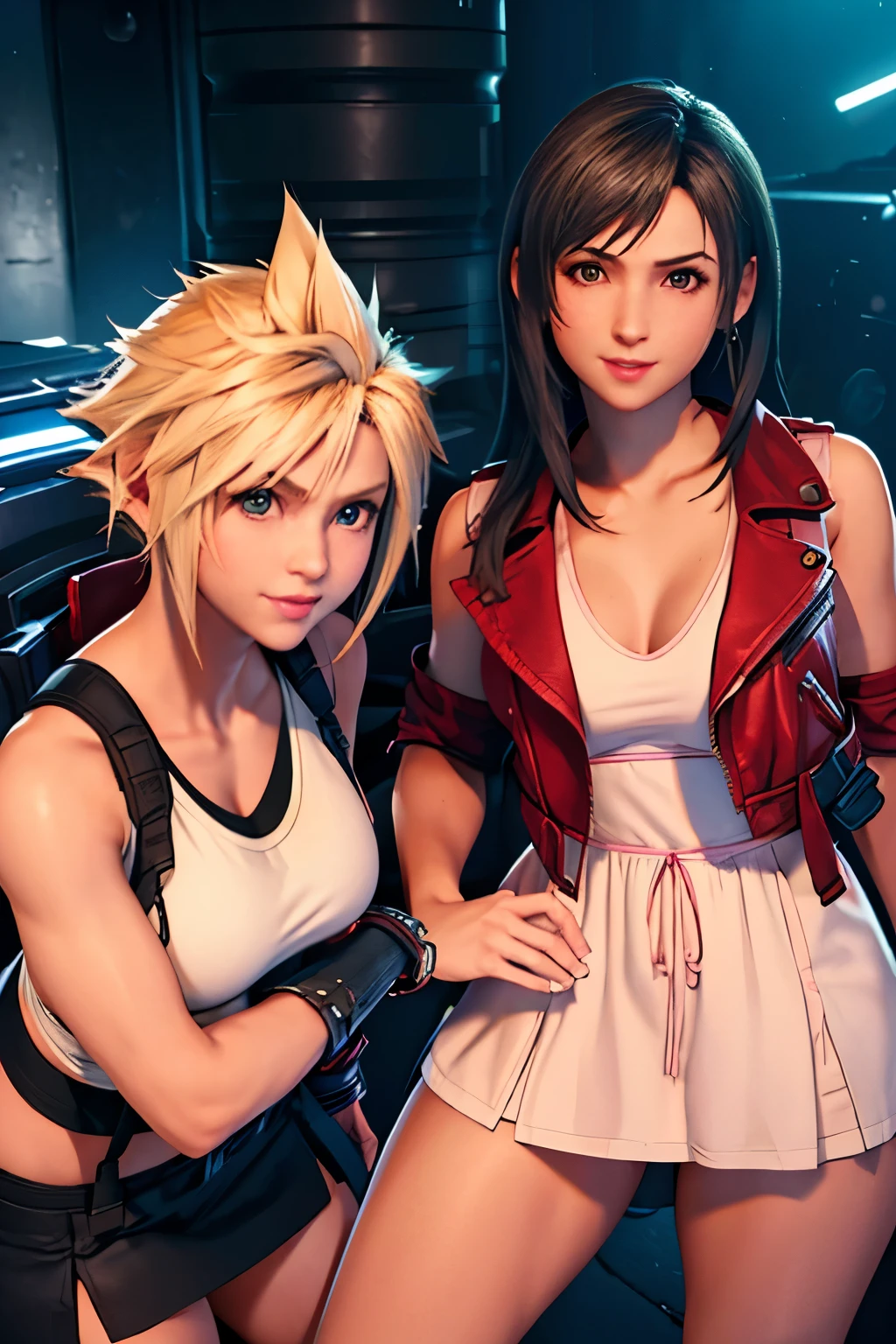 (masterpiece), (high quality), (realistic 1.5), (2 girls),  female Cloud Strife wearing white sleeveless top and black skirt,Tifa Lockhart waring long pink dress and red short jacket ,big breasts, sexy pose, mischievous smile, soft lightning, looking at viewer, keeping eye contact, precise hands