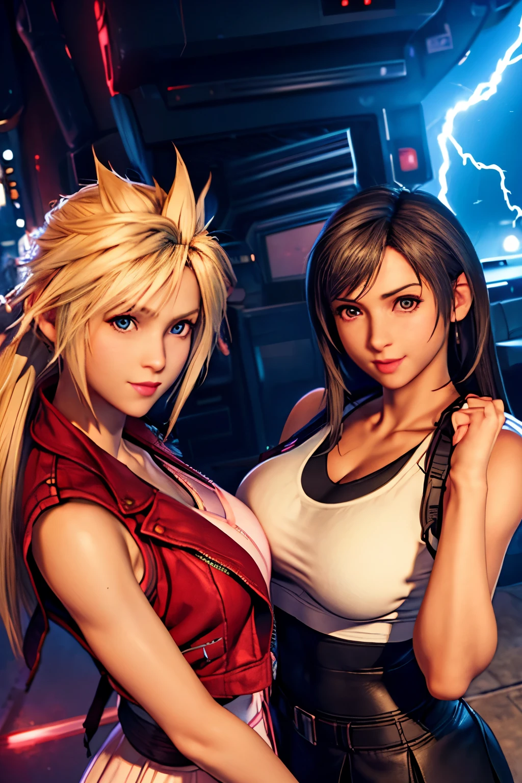(masterpiece), (high quality), (realistic 1.5), (2 girls),  female Cloud Strife wearing white sleeveless top and black skirt,Tifa Lockhart waring long pink dress and red jacket and pink ribbon, super big breasts, sexy pose, mischievous smile, soft lightning, looking at viewer, keeping eye contact, precise hands