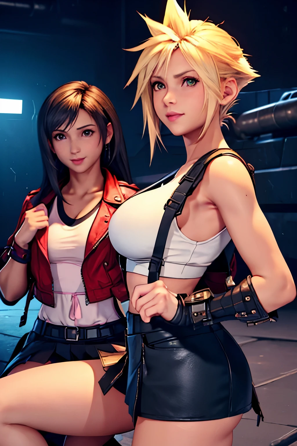 (masterpiece), (high quality), (realistic 1.5), (2 girls),  female Cloud Strife wearing white sleeveless top and black skirt,Tifa Lockhart waring long pink dress and red short jacket ,big breasts, sexy pose, mischievous smile, soft lightning, looking at viewer, keeping eye contact, precise hands