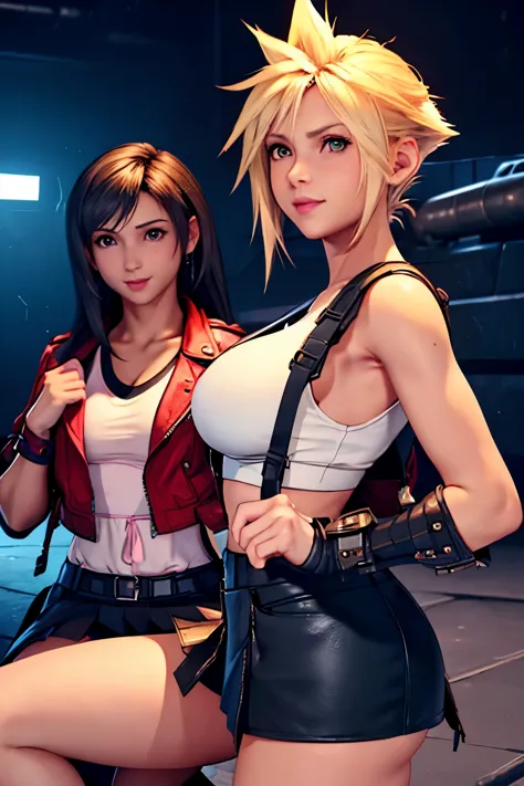 (masterpiece), (high quality), (realistic 1.5), (2 girls),  female Cloud Strife wearing white sleeveless top and black skirt,Tif...