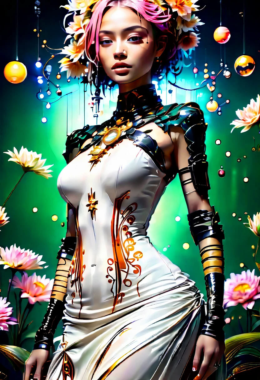 ((1 girl - solo, full length, waist-length, loose - relaxed pose, standing)), ((masterpiece, best quality: 1.3), (ultra detail: 1.3), (best quality, high resolution, photo-realistic: 1.37)). ((Orange, pink, white, and green details), (girl, in flower-T tattoos, starry sky-white hair), (dark hair, shoulder-length, long hair), (elegant body, dark stylish T-shirt, tech clothes: 1.1), (beautiful hands in jewelry bracelets, tattoos, (Rockstar)). ((Calm look, relaxed pose, standing)). ((Abstract background with lines and circles), (Technical background - abstraction), (high-tech), (many flowers - lilies), (flowers look amazing), mostly in light colors: (white, blue, yellow, gold)).((Best quality), (surrealism: 1.3), (masterpiece: 1.2), (fantasy: 1.2, surrealism: 1.3), ((High resolution, sharp image), (best quality: 1.37), (realistic 3D visualization), (adjustments, soft light-shadow, flooded sunlight, contrast shadows – cold tones, warm soft light)). (Technical background - abstraction), (modern style, HD detail, cinematic, surrealism, Deep focus, ray tracing, Diffusion)).