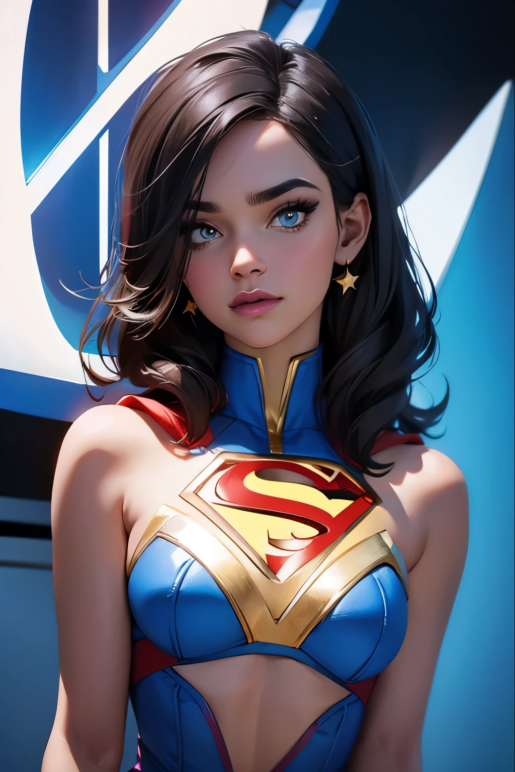 (Dominicano: caribenho:1 garota:Supergirl), (extremamente detalhado CG unidade 8k papel de parede),(parte mestre), (melhor qualidade), (ultra-detalhado), (melhor ilustração),(melhor sombra), tiro de vaqueiro, (delineador afiado, sombra, olhos detalhados:1), Fundo da cidade, ,quebrar , (star15escola:1.2), ornamento de cabelo, Nova York