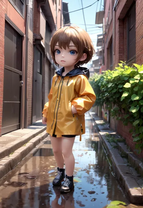 tomboy_girl, , naughty, naughty, provocative, micro bikini, transparent_children's_raincoat, rainy_afternoon_in_an_alley, very_i...