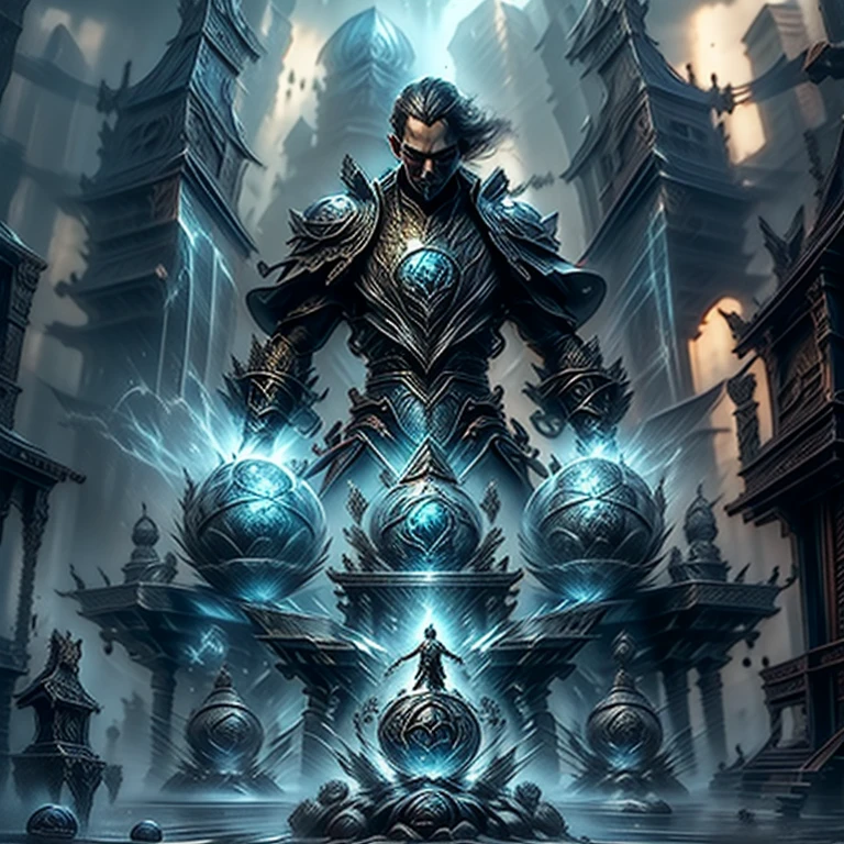 The album cover for The Glass Balls, a mixture of Gothic Metal, Rap Metal, and Symphonic Metal, emphasizes the dark elements of the image of a man standing in front of a giant crystal ball containing "a black rose" (a black rose is an important focus in image generation) and mumford tom bagshaw, inspired by Aleksi Briclot, guillem h. pongiluppi, symmetrical epic fantasy art, beksinski and dan mumford, by Aleksi Briclot, greg beeple, ominous fantasy illustrations, peter mohrbacher and dan mumford