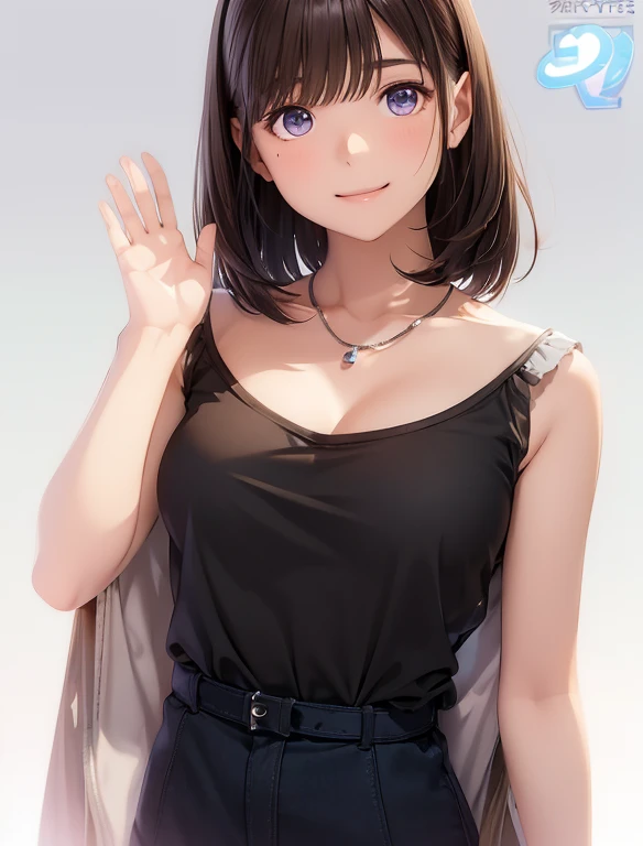 High resolution,In 8K,highest quality,detailed,Semi-realistic anime,Anime 3D Style,Smooth anime CG,One Girl,19-year-old woman in Japan,slim,Modeled,Shiny brown hair,Medium Hair,detailedな顔,Beautiful and detailed,Glowing Skin,straggling hair,Small breasts,Black tank top,necklace,((Smiling gently)),((Waving right hand))