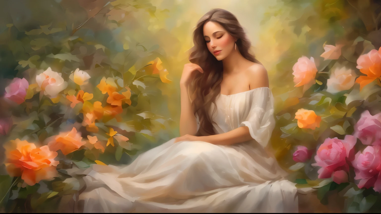 beautiful woman about thirty, topless, with mesmerizing eyes, Long flowing hair, and a confident facial expression. She is sitting in a bright and colorful garden., surrounded by lush greenery and blooming flowers. Sunlight penetrates through the leaves, creating a soft and ethereal atmosphere. woman&#39;skin flawless and glowing, with a healthy glow. Her posture is relaxed, one hand rests on her knee, and the other gently touches the flower petal. The scene is captured in a dreamy and painterly style.., reminiscent of a Renaissance portrait or an impressionist masterpiece. Colors are bright and rich, with a warm and cozy color palette. The lighting is soft and diffused, give a woman a gentle glow&#39;face and highlighting the subtle details of her features. Highest overall image quality, with ultra-detailed textures and realistic rendering. The painting radiates a feeling of peace.., Femininity, and timeless beauty.
