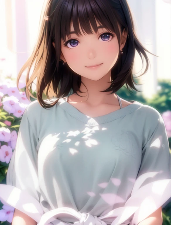 High resolution,In 8K,highest quality,detailed,Semi-realistic anime,Anime 3D Style,Smooth anime CG,One Girl,19-year-old woman in Japan,slim,Modeled,Shiny brown hair,Medium Hair,detailedな顔,Beautiful and detailed,Glowing Skin,(Spring Clothes),Earrings Beautiful,straggling hair,Angelic hairstyle,Small breasts,Her eyes are closed and she is smiling gently