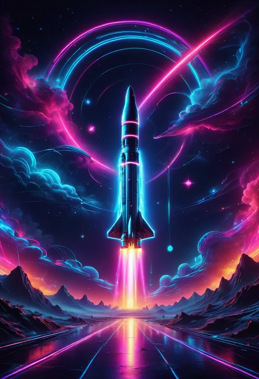 The aesthetics of vaporwave,Landscape painting,rocket in neon colors,rocket launch site,rocket,star,star cloud,universe,Confused star,beautiful,rich colors,flash,and bright flash,Cast colorful spells,Draw in neon colors on a dark background,Fusion of POP illustration and contemporary art,Pop Illustration,poster,perfect composition,Design that expresses NASA,tangled,magic element,wonderful,masterpiece,4k,works of art,Bright colors,black,pink,Light blue,purple