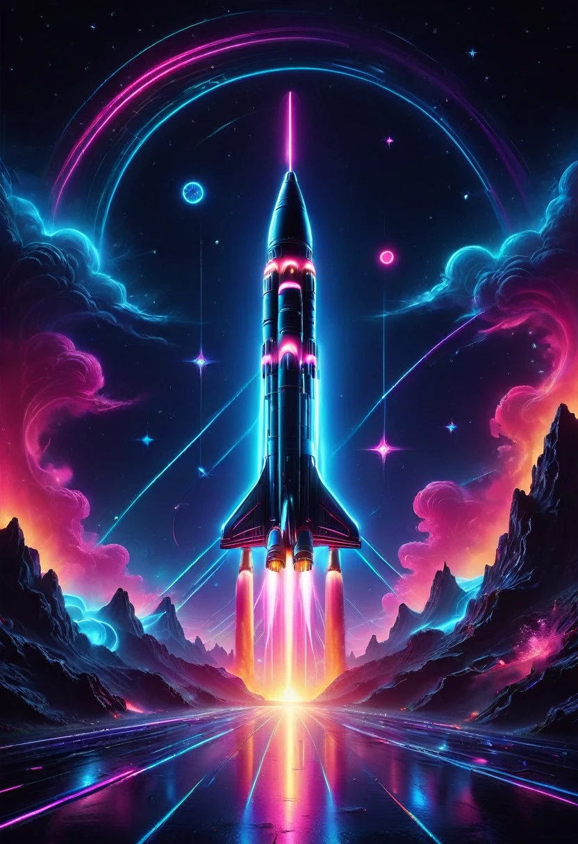 蒸汽波的美学,山水画,火箭 in neon colors,火箭 launch site,火箭,星星,星星 cloud,宇宙,Confused 星星,美丽的,丰富的色彩,闪光,and bright 闪光,施展多彩咒语,在深色背景上用霓虹色绘制,POP插画与当代艺术的融合,POP插画,海报,完美构图,体现 NASA 的设计,纠结,魔法元素,精彩的,杰作,4K,艺术品,鲜艳的色彩,黑色的,粉色的,浅蓝色,紫色的