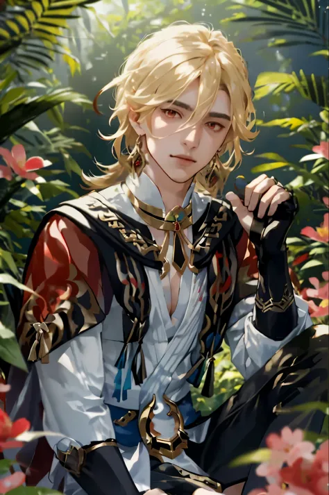 1 adult male solo, blond hair, ((red eyes)), kaveh genshin impact, white top, red and black embroidered details, golden accessor...