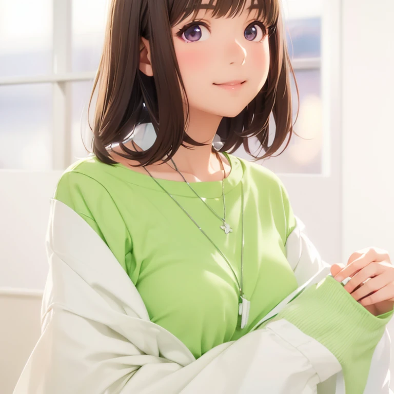 High resolution,In 8K,highest quality,detailed,Semi-realistic anime,Anime 3D Style,Smooth anime CG,One Girl,19-year-old woman in Japan,slim,Modeled,Shiny brown hair,Medium Hair,detailedな顔,Beautiful and detailed,Glowing Skin,Short-sleeved shirt,necklace,straggling hair,Angelic hairstyle,Small breasts,Round and big eyes,Looking at the audience,((Mouth closed)),((Smiling gently))