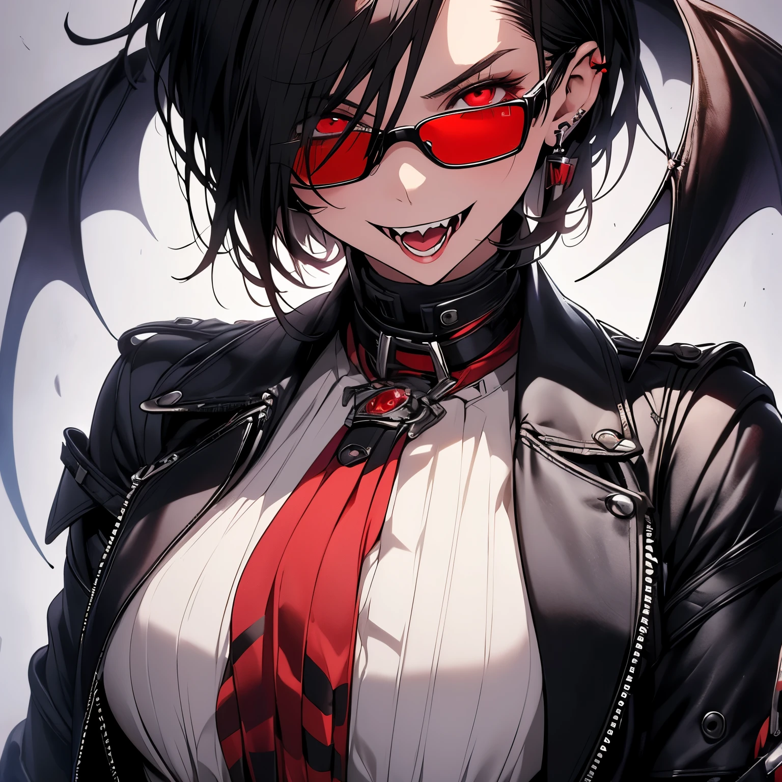 Young Female, Vampire, Black Hair, Short Hair, Red Eyes, Glasses, high-res portrait, Vibrant Colors, soft lighting, Trench Coat, Open Breast Tea, Mischievous, Gauntlets, Confident Expression, Vampire Fangs, 3D, Realistic, HDR, Very Detailed, HD, Background, Masterpiece