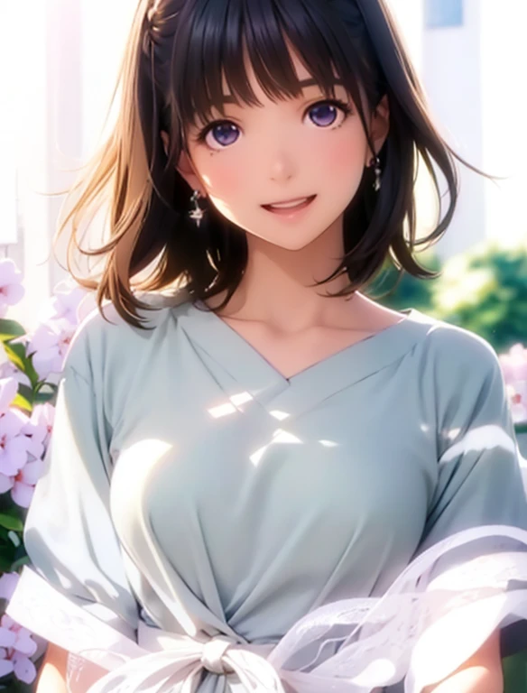 High resolution,In 8K,highest quality,detailed,Semi-realistic anime,Anime 3D Style,Smooth anime CG,One Girl,19-year-old woman in Japan,slim,Modeled,Shiny brown hair,Medium Hair,detailedな顔,Beautiful and detailed,Glowing Skin,(Spring Clothes),Earrings Beautiful,straggling hair,Angelic hairstyle,Small breasts,((Open mouth and smiling sweetly))