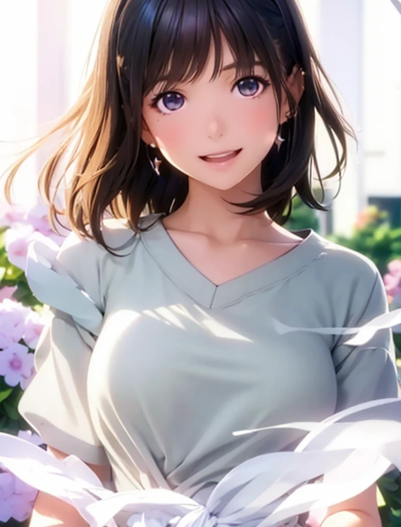 High resolution,In 8K,highest quality,detailed,Semi-realistic anime,Anime 3D Style,Smooth anime CG,One Girl,19-year-old woman in Japan,slim,Modeled,Shiny brown hair,Medium Hair,detailedな顔,Beautiful and detailed,Glowing Skin,(Spring Clothes),Earrings Beautiful,straggling hair,Angelic hairstyle,Small breasts,((Open mouth and smiling sweetly))