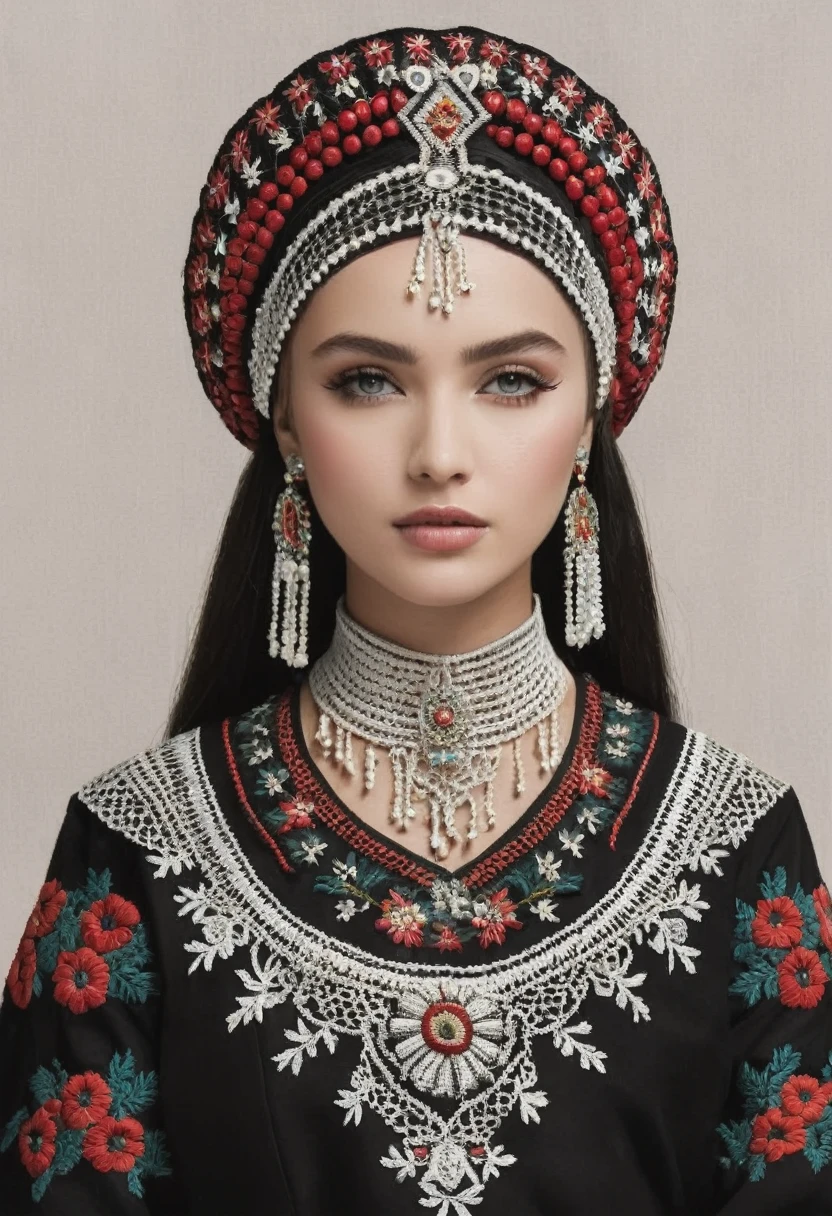 the whole face, shoulders and chest are pierced with openwork threads in the style of Ukrainian national embroidery, no retouching, photoshop, processing, smoothing --s 750 --style raw --ar 2:3