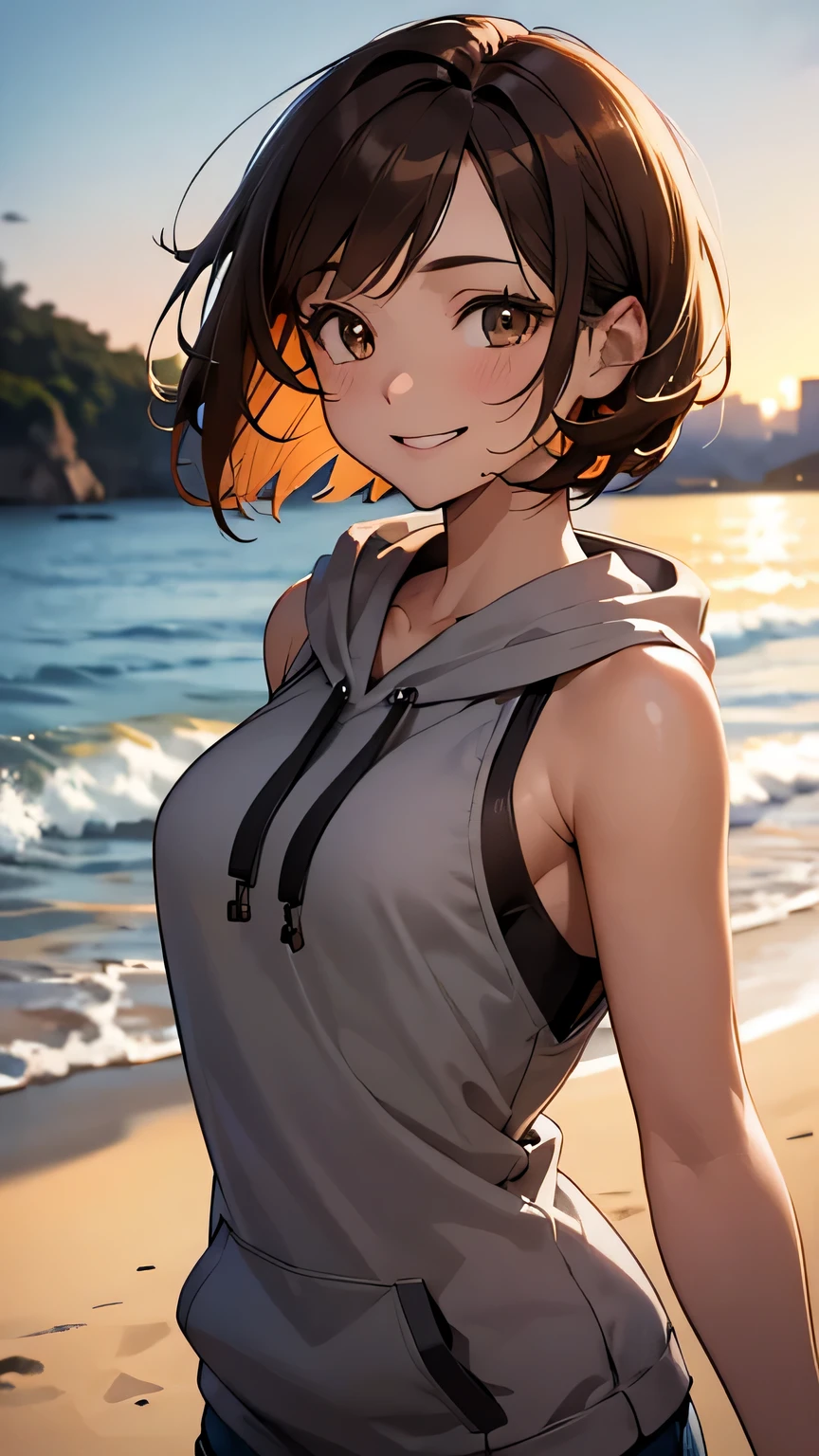 (Best quality, dynamic lighting, highly detailed, HDR) Brown haired young woman, mature, beautiful, bob hair, brown eyes, slim, medium-small breasts, bare shoulder, hoodie, sleeveless, smiling, beach background.