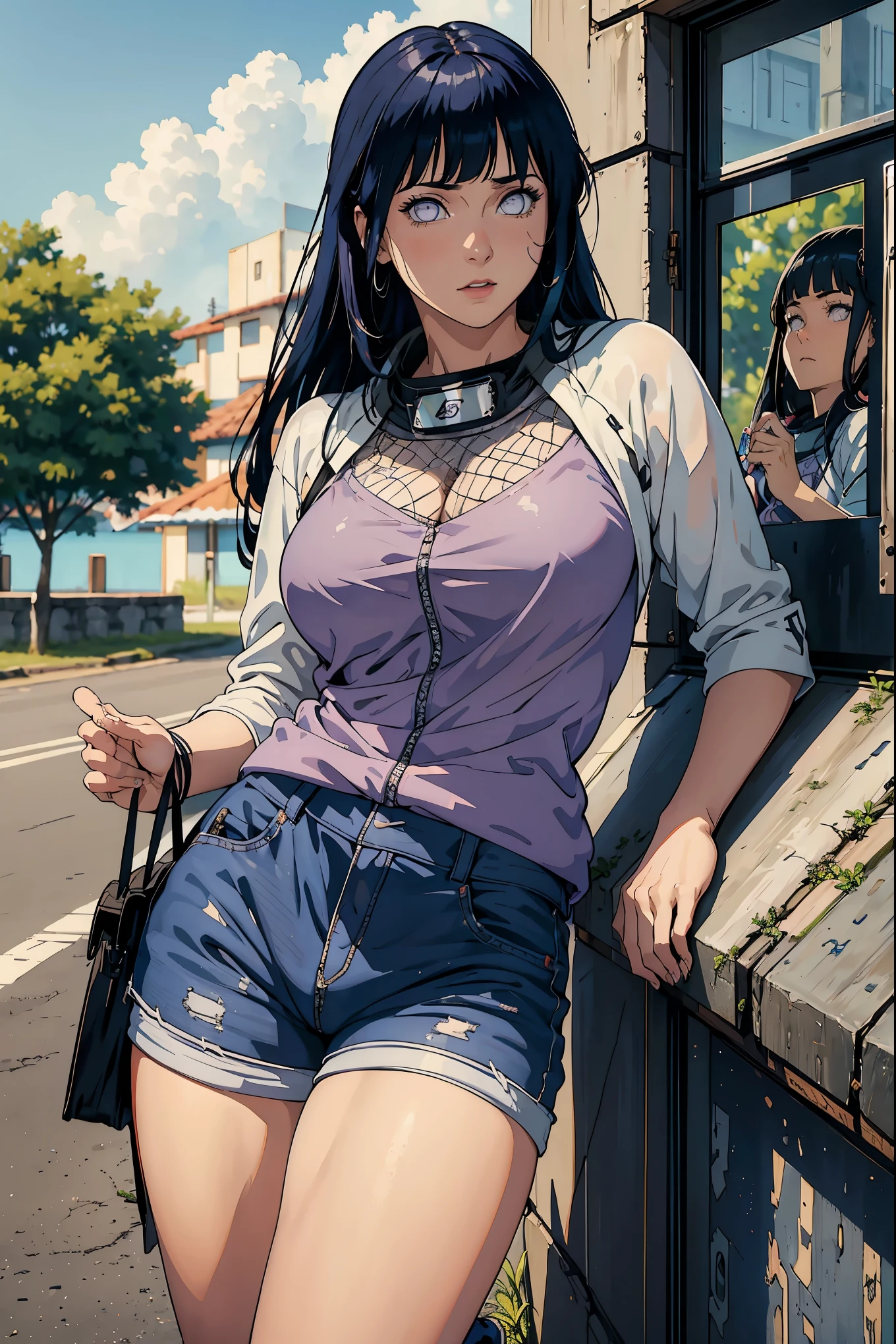 Anime girl leaning on a wall with her hand on her hip - SeaArt AI