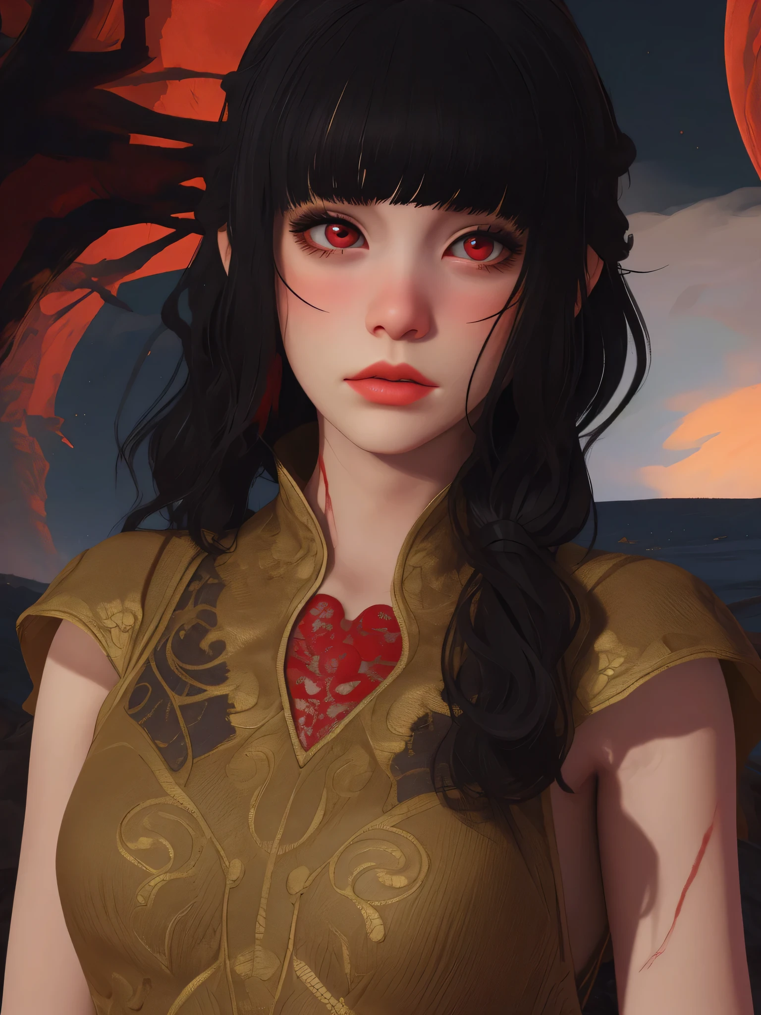 ((masterpiece, best quality)), (1girl), (solo), Luna,(very detailed face, real image, realistic skin, realistic body, intricate details), upper body, red eyes, black hair, blunt bangs, night sky, blood, terror 