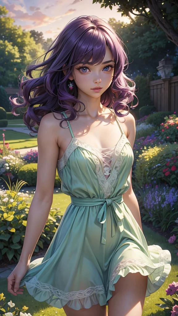 (masterpiece), (best quality), (detailed), light layer, 1solo girl, young girl, perfect body, purple hair in curls, defined large chest, small waist,defined collarbone, ultra realistic, photorealistic, detailed, ,Enhance, wearing a light green sundress, garden background, dusk skies, wind blowing in hair and dress 