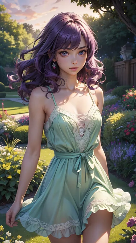 (masterpiece), (best quality), (detailed), light layer, 1solo girl, young girl, perfect body, purple hair in curls, defined larg...